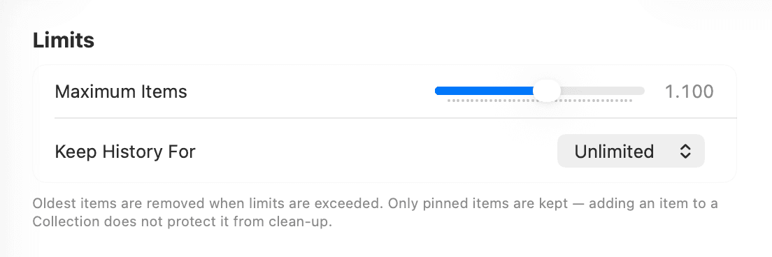 Pastium settings showing clipboard history and storage options