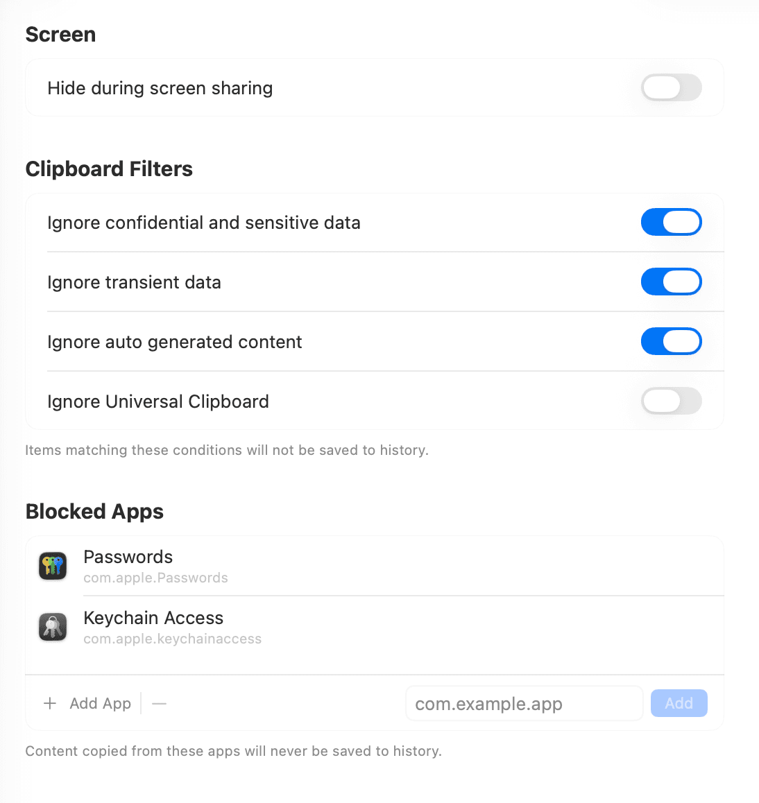 Pastium privacy settings with app exclusions and data controls