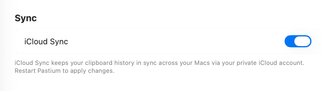 Pastium settings showing iCloud Sync options