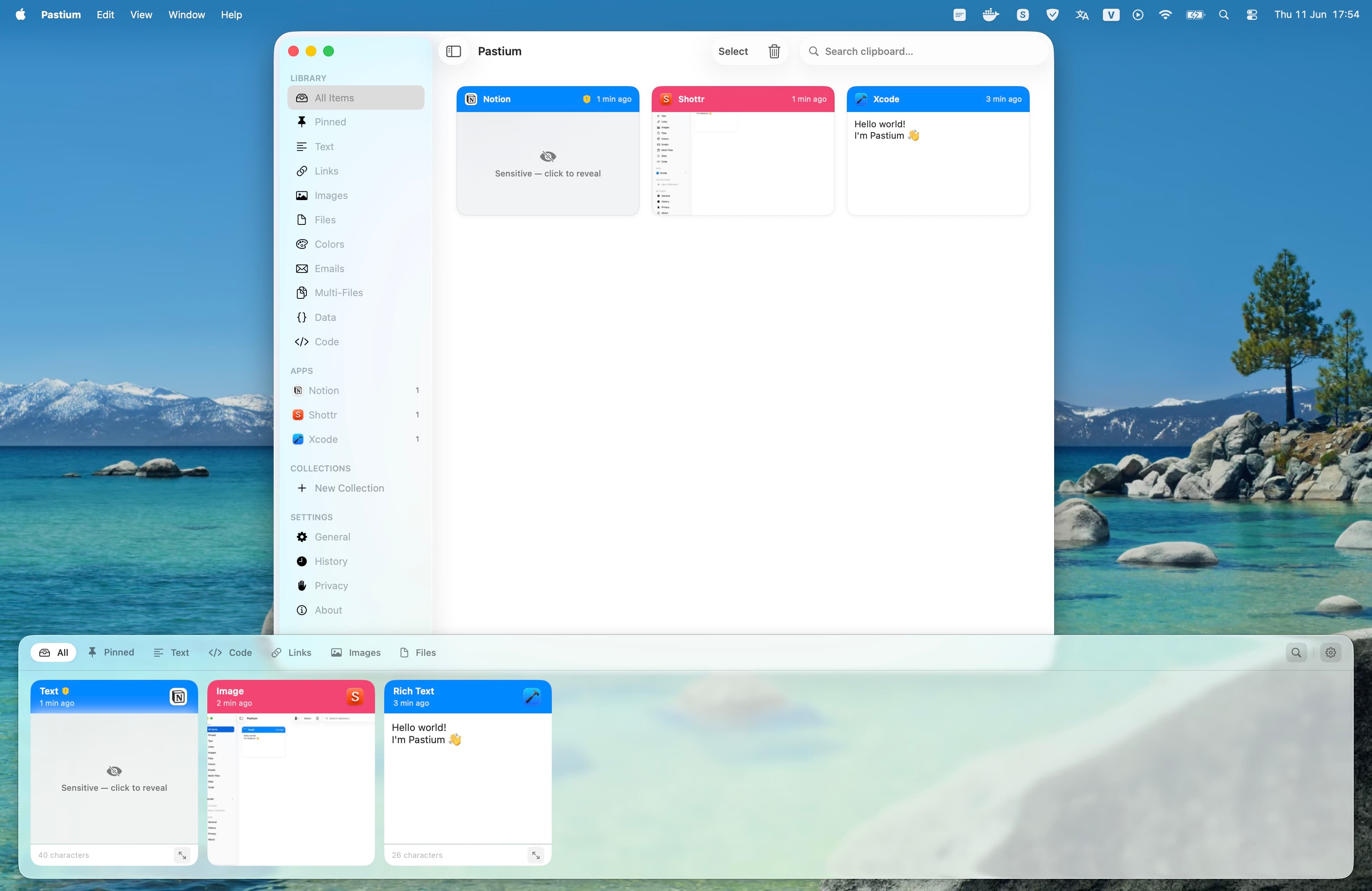 Pastium window and Quick Panel on the macOS desktop